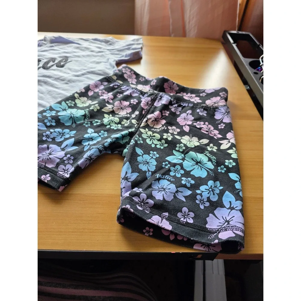 Justice Girls 2 Piece Set Purple Glitter Logo T-Shirt Rainbow Floral Bike Shorts